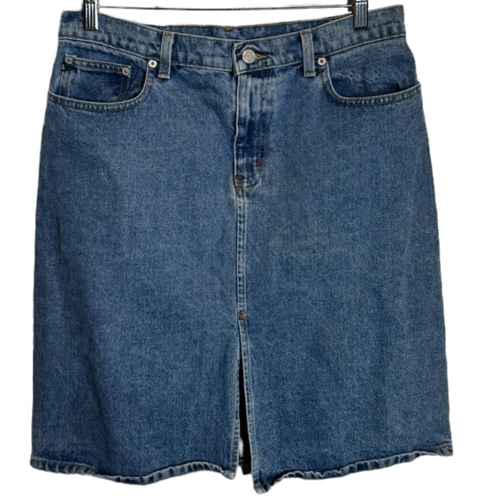 Ralph Lauren Classic Blue Denim Midi Skirt With Center Slit
